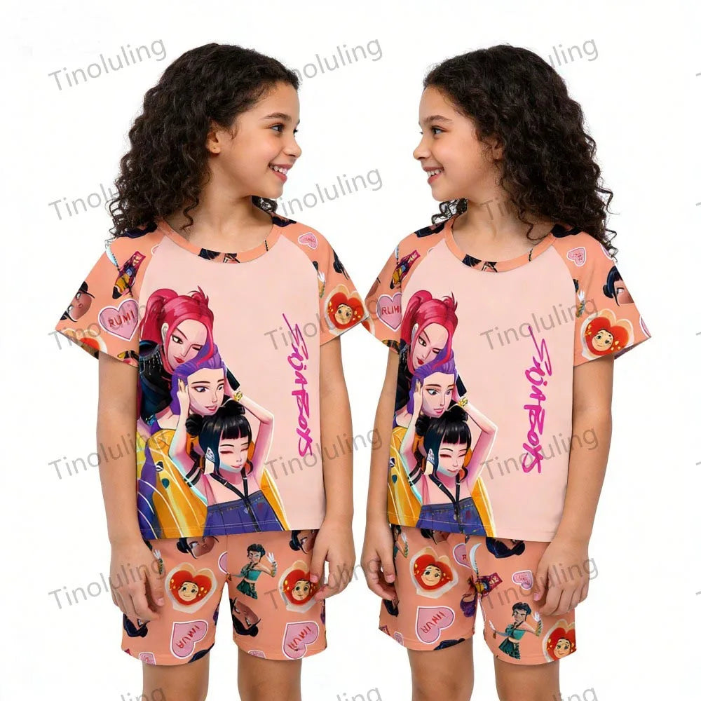 Girls Pajamas Sets Kids Toddler 3 to 8 10 11 12 Years Kpop Demon Hunters Summer Pjs Tops+Shorts Two Pieces Pijamas Sleepwear Set