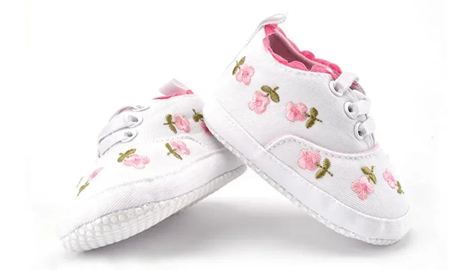 Baby Girls Shoes White Pink Floral Embroidered Soft Soles Shoes Prewalker Walking Toddler Casual Kids Shoes For Dropshipping