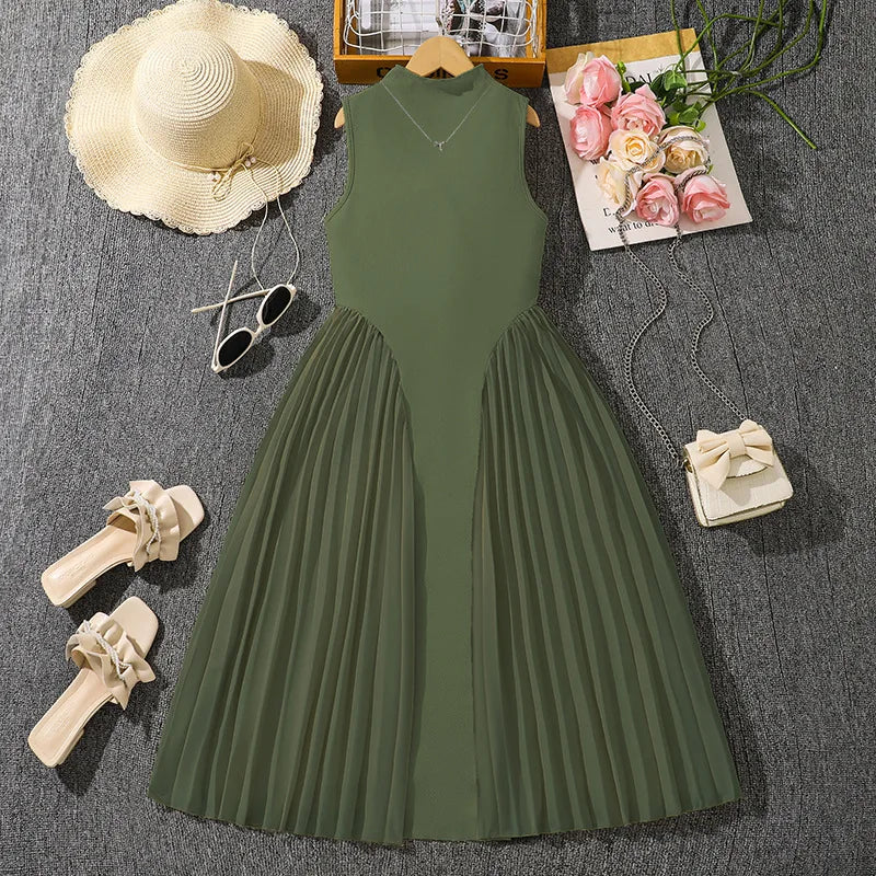 Summer New Teen Girls Dress Solid Color Patchwork Sleeveless A-Line Dress For 8-12 Years Girls Daily Casual Elegant Dance Dress