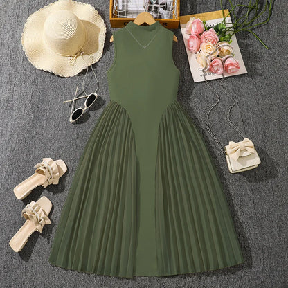 Summer New Teen Girls Dress Solid Color Patchwork Sleeveless A-Line Dress For 8-12 Years Girls Daily Casual Elegant Dance Dress