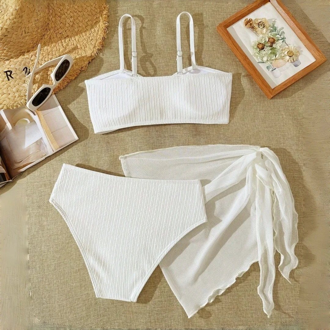 Teen Girl's Swimsuit 3pcs Bikini Set Bathing Suit for Girls 7-16 Years Thin Straps Summer Outfits  Beach Swimwear Soild Color