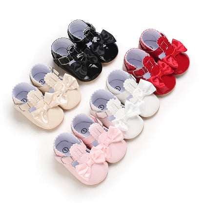 Baby Girls Shoes Classic Bowknot Rubber Sole Anti-slip PU Girls Dress Shoes First Walker Toddler Crib Baby Shoes