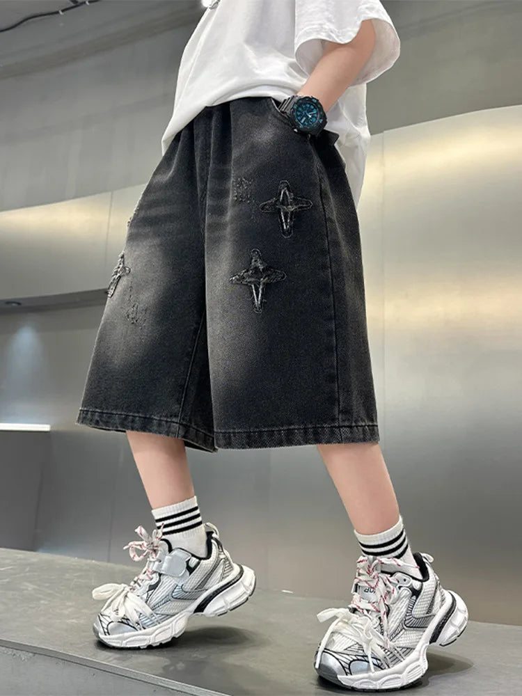 Boy Star Jeans 2025 Summer New Fashion Pocket Stretch Boys Denim Mid-Pants Childrens Boys Casual Cropped Pants 3-15 Years Old