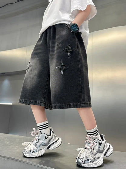 Boy Star Jeans 2025 Summer New Fashion Pocket Stretch Boys Denim Mid-Pants Childrens Boys Casual Cropped Pants 3-15 Years Old