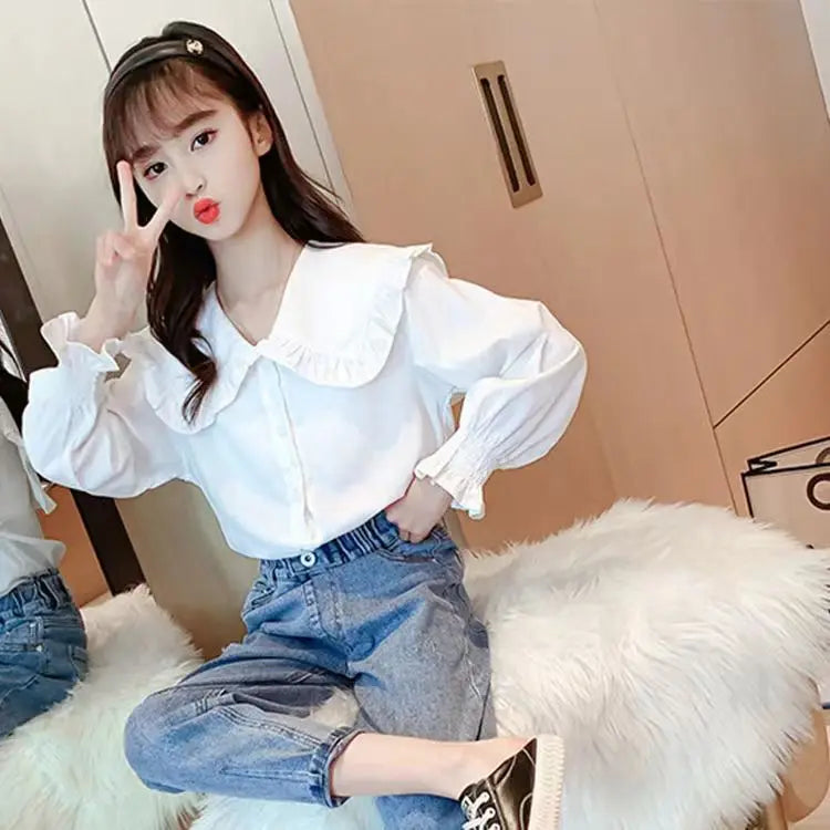 Girls' Spring Autumn Blouse New Korean Style Fashionable Long Sleeve White Shirt Children's Lace Peter Pan Collar Bottoming Shir