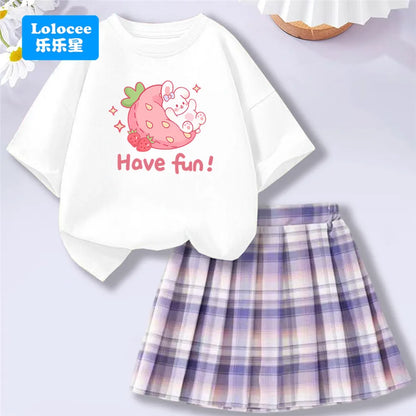 Girls' Trendy School Outfit - Cartoon Music Guitar Rabbit Print Tee + Plaid Skirt Two-Piece Set Teenage Girls Clothes Set