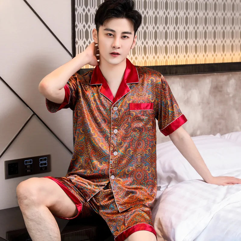 Pajamas Men Spring Summer Thin Ice Silk Luxurious Loose Fitting Home Wear Suit Male Satin Pyjamas Set Night Pajamas Set Men