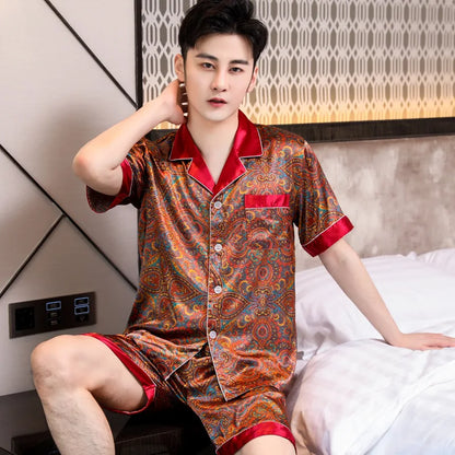 Pajamas Men Spring Summer Thin Ice Silk Luxurious Loose Fitting Home Wear Suit Male Satin Pyjamas Set Night Pajamas Set Men