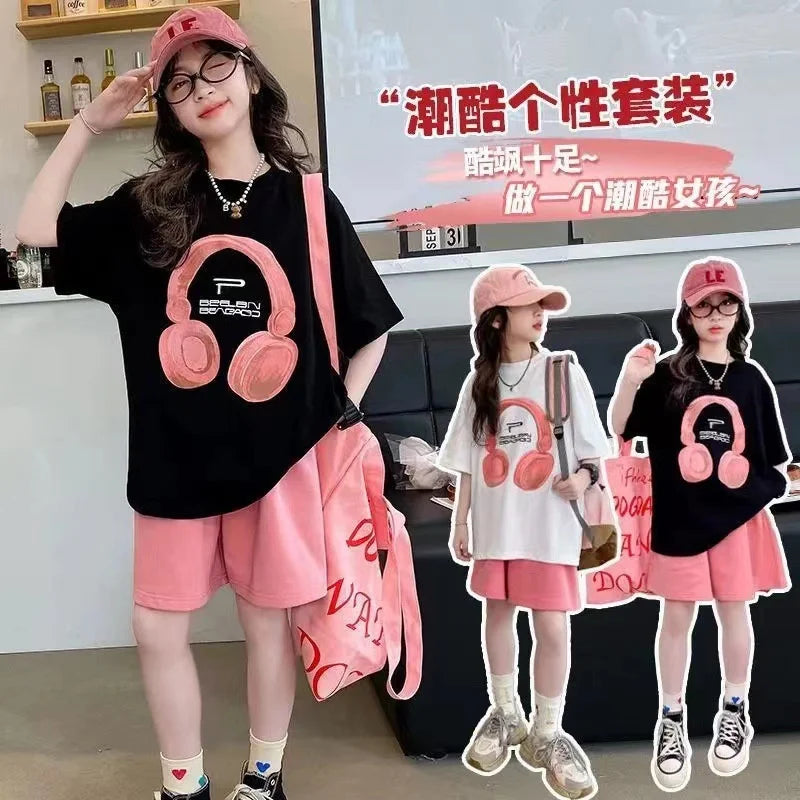 Girls' Shorts Set 2026 Summer New Kids' Suits Teenager Loose Short-Sleeve T-Shirt Outfits Children's Print Clothing Two-Piece