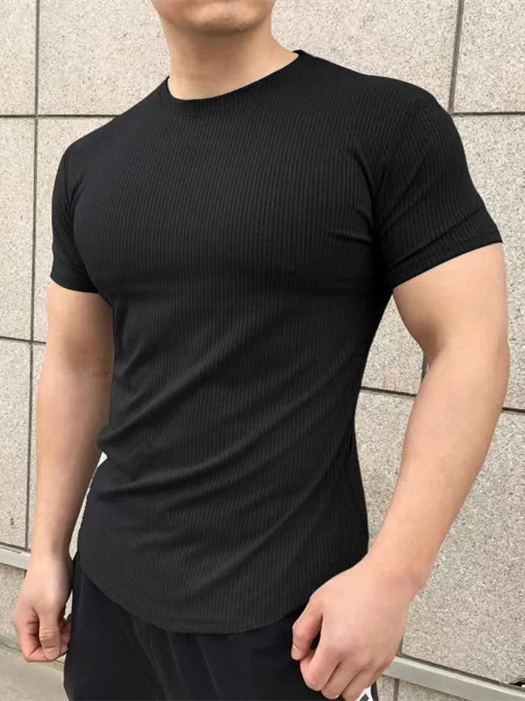 Men's Muscle Shirts Short Sleeve Casual Slim Fit Workout Tshirts Striped Curved Hem Light Weight Elastic