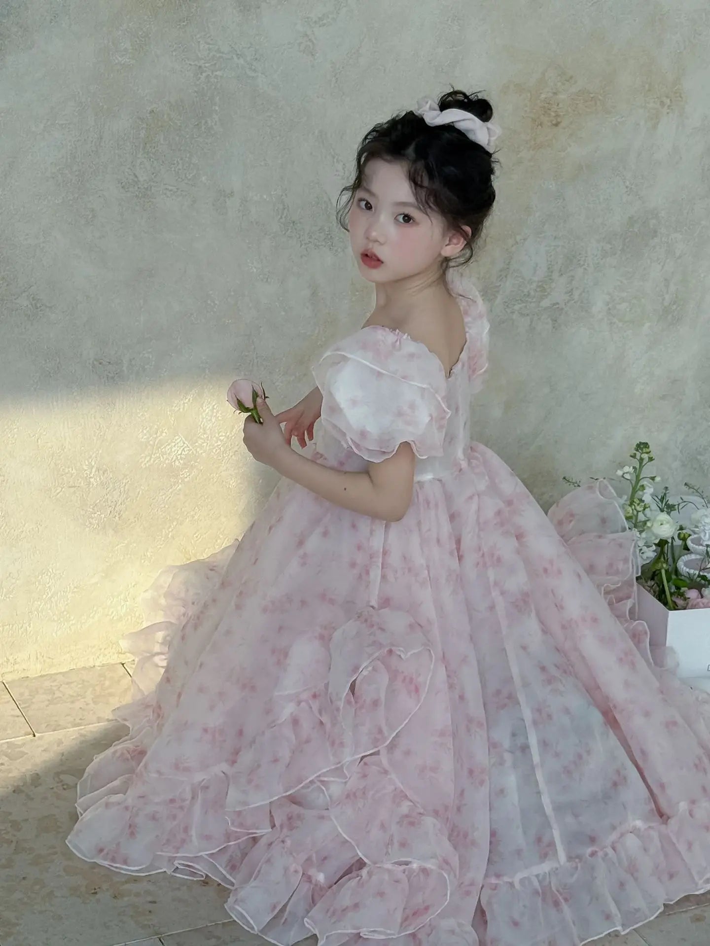 Girls Skirts 2025 Summer New Childrens Wear Korean Style Baby Girl Floral Square Collar Gauze Peng Peng Princess Skirt Casual