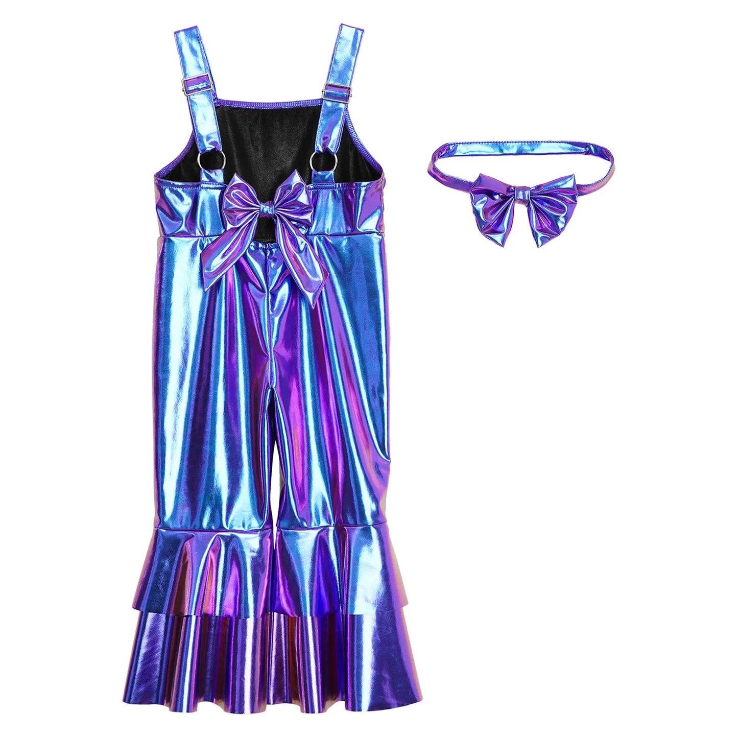 Baby Girls Clothes Birthday Party Metallic Bell Bottoms Romper Djustable Straps Bow Overalls with Headwear Photo Shoot Outfit