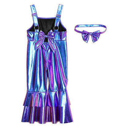 Baby Girls Clothes Birthday Party Metallic Bell Bottoms Romper Djustable Straps Bow Overalls with Headwear Photo Shoot Outfit