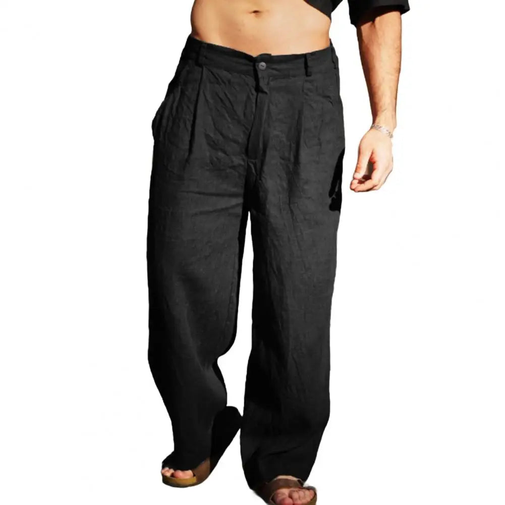 Men Cotton Linen Slacks Solid Color Loose Casual Trousers Breathable Summer Yoga Pants Pleated Jogger For Beach Vacation Fishing