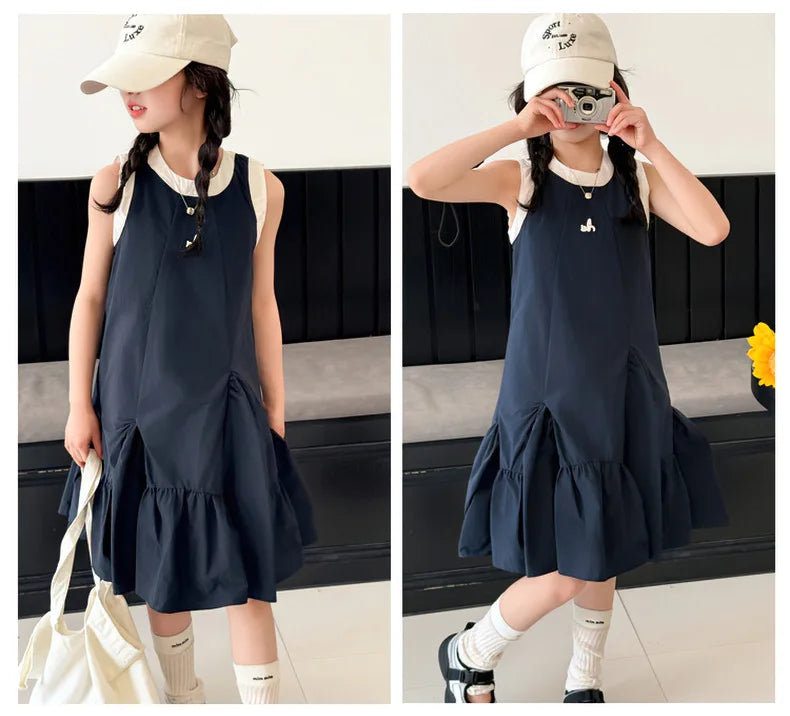 New Summer Girls Princess Dress Kids Sleeveless Dress with Ruffles Design Dresses for Teen Child Casual Vacation Beach Dress