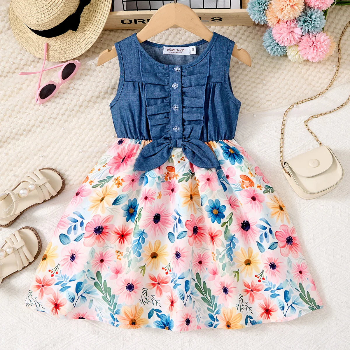 Girls Casual Dresses Denim Print Button Bow Ruffled sleeves Floral Tulle Cute Princess Formal Dresses Children Casual Dresses