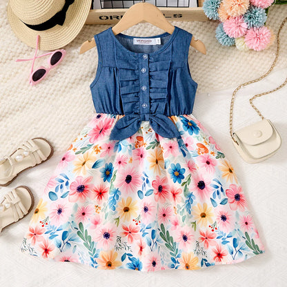 Girls Casual Dresses Denim Print Button Bow Ruffled sleeves Floral Tulle Cute Princess Formal Dresses Children Casual Dresses