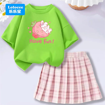 Girls' Trendy School Outfit - Cartoon Music Guitar Rabbit Print Tee + Plaid Skirt Two-Piece Set Teenage Girls Clothes Set
