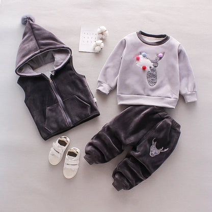 Baby Boy Clothes 2023 Autumn Cotton Thick Warm Casual Hooded Sweater Winter Cartoon Cute Bear Three-Piece Baby Girl Suit 0-5Y