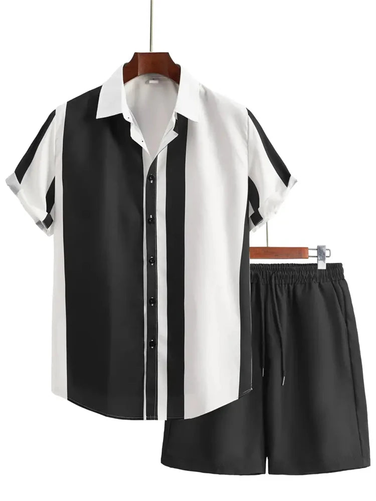 2024 New Men's Beach Wear 2-Piece Quick Drying Hawaiian Shirt and Shorts Set Summer Men's Fashion Striped Print Casual Wear