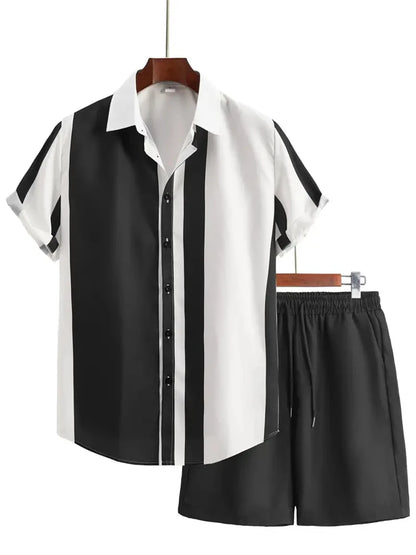 2024 New Men's Beach Wear 2-Piece Quick Drying Hawaiian Shirt and Shorts Set Summer Men's Fashion Striped Print Casual Wear