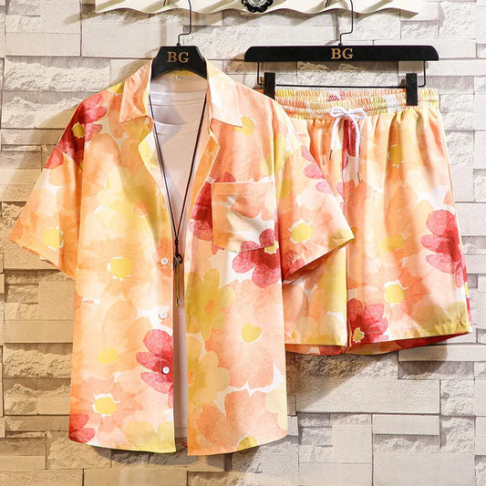 2-piece Fashionable Beach Men's Casual Printed Short Sleeved Shirt Summer Outfit New Shorts Set