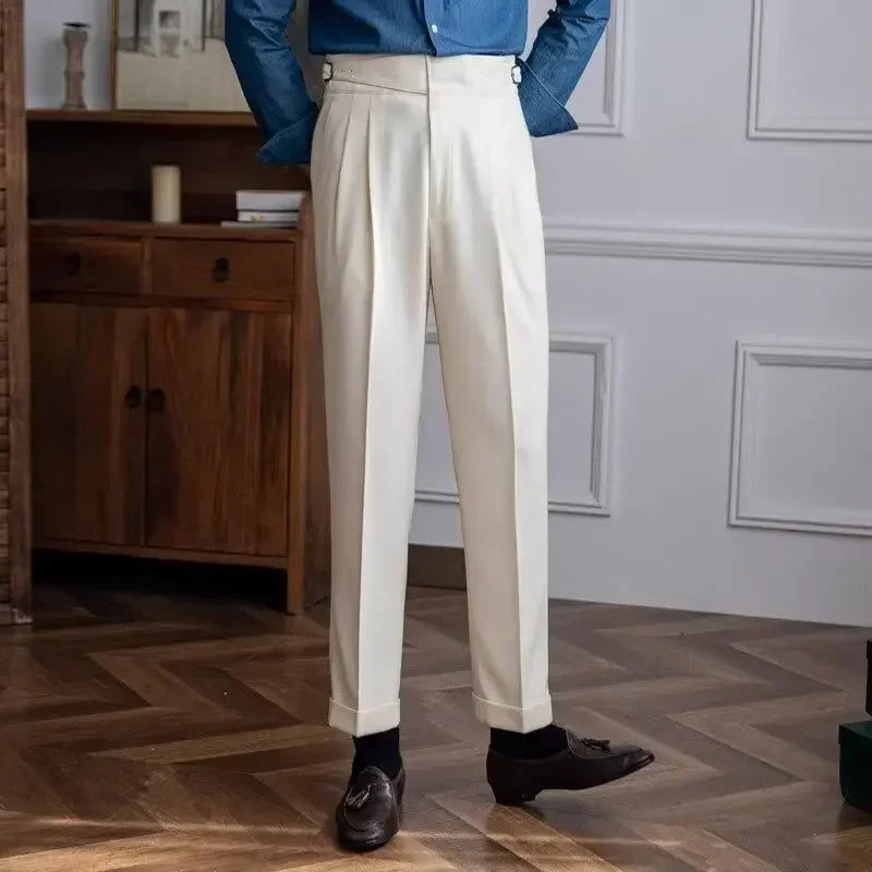 British Men's Suit Pants Straight High Waisted Naples Pants Formal Business Brown Black Khaki Off White Trousers Wedding Dress