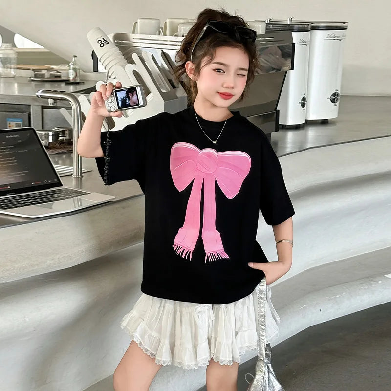 Girls Summer T-shirt Short Sleeve Fashion Design Casual Teenage Kids Tee Tops with Bow Children Short Sleeve Tshirt Clothing