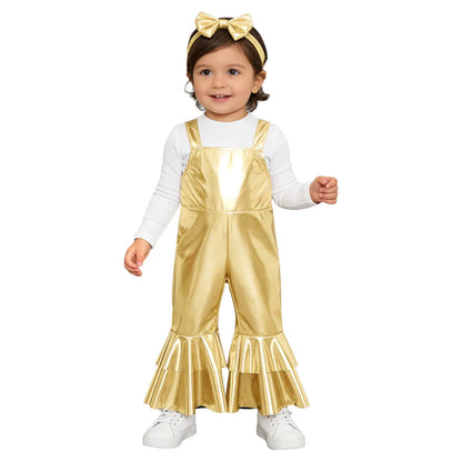 Baby Girls Clothes Birthday Party Metallic Bell Bottoms Romper Djustable Straps Bow Overalls with Headwear Photo Shoot Outfit