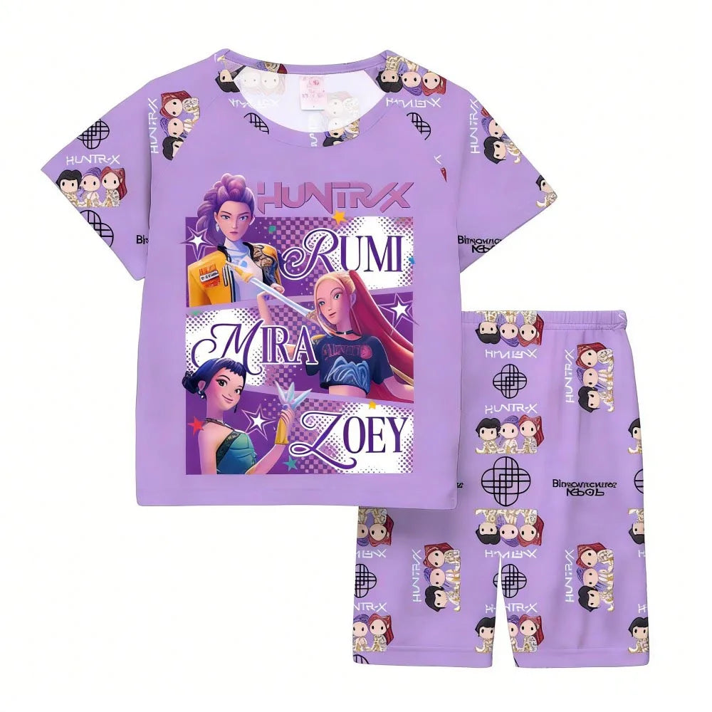 Girls Pajamas Sets Kids Toddler 3 to 8 10 11 12 Years Kpop Demon Hunters Summer Pjs Tops+Shorts Two Pieces Pijamas Sleepwear Set