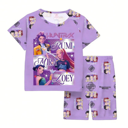 Girls Pajamas Sets Kids Toddler 3 to 8 10 11 12 Years Kpop Demon Hunters Summer Pjs Tops+Shorts Two Pieces Pijamas Sleepwear Set