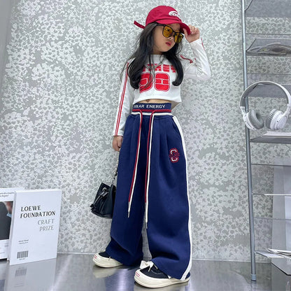 New Teenage Girls Pants Spring Autumn Casual Loose Black Gray Kids Wide Leg Pants School Children Trousers 4 6 8 10 12 14Yrs