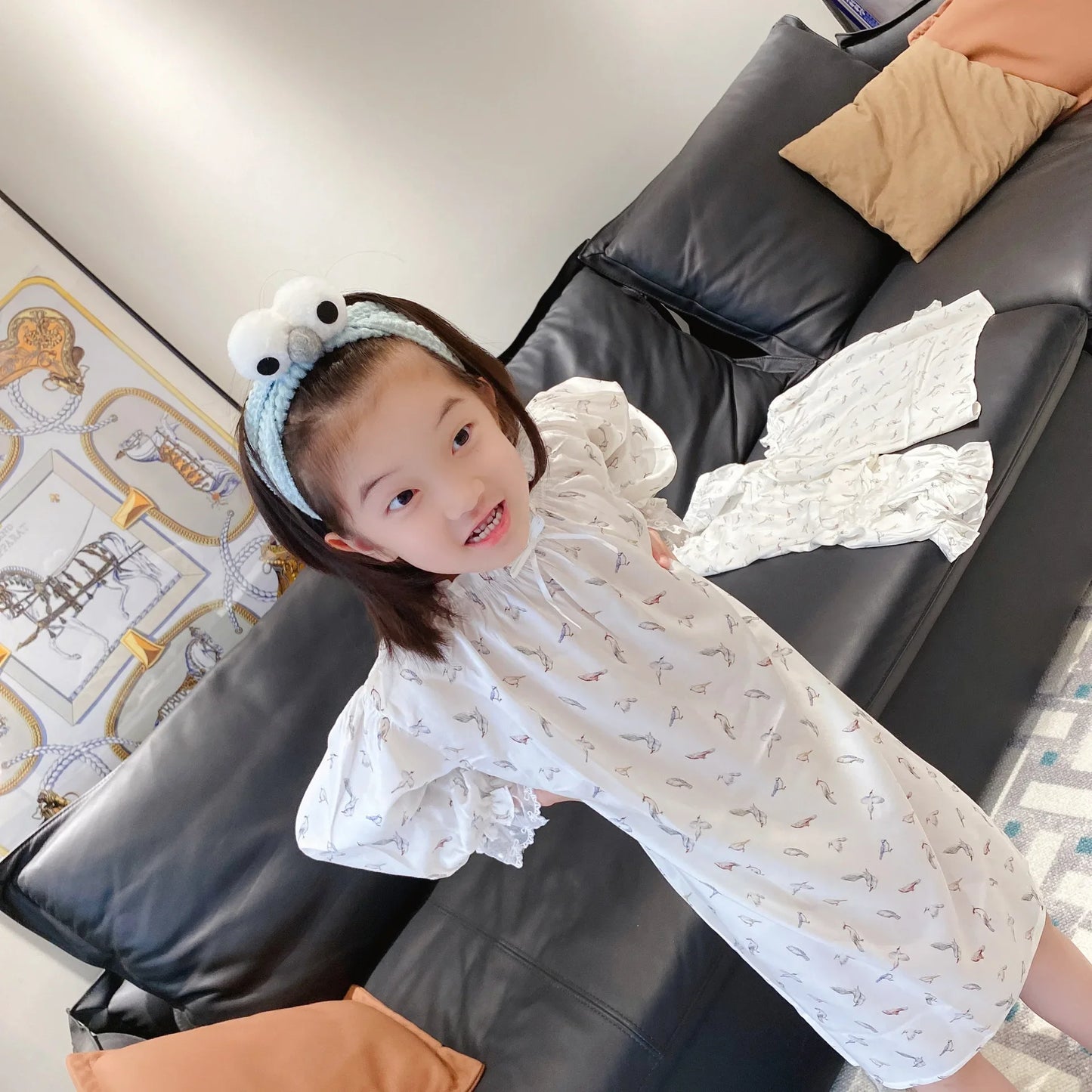 Girls Pajamas Set 2025 Spring And Summer New Blue Lace Lace Children's Home Clothing Cotton Printed Pajamas Children's Clothing