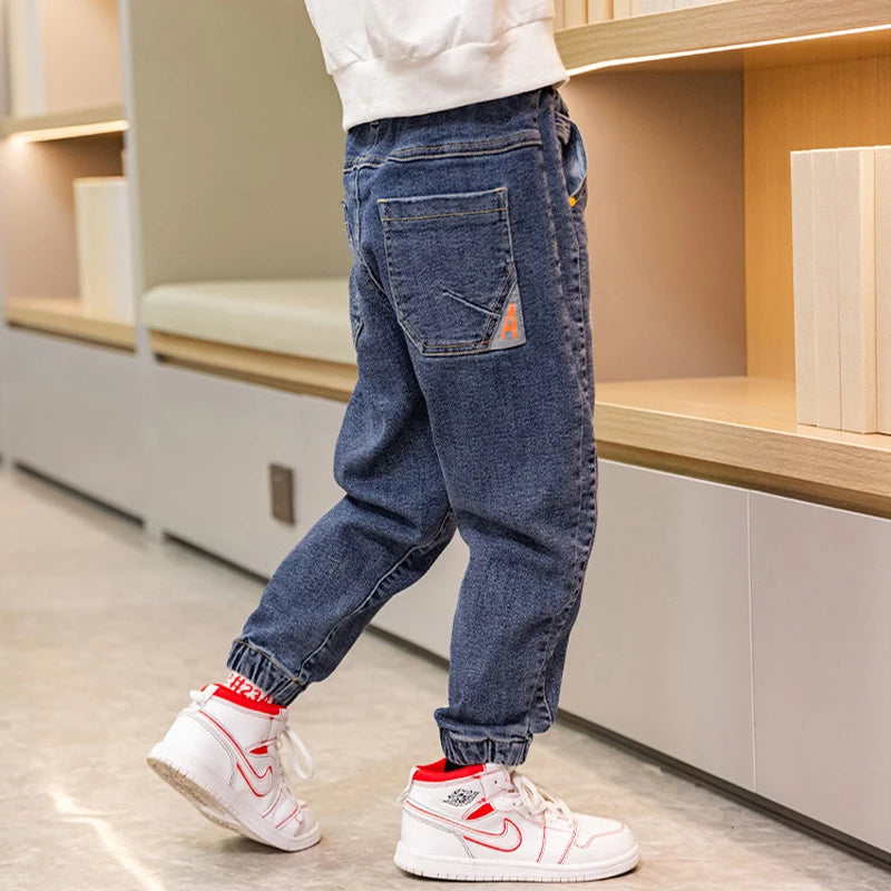 Fashion Boys Letter Jeans Pants Spring Autumn Kids Denim Trousers Casual Clothes For Teenager Boy Loose Sport Pants for 5-12Year