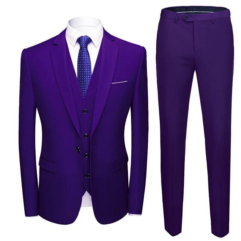 Man Suit Set Simple Solid Color Long Sleeve Male Outfit Single-breasted Slim Business Wedding Versatile Men Three-piece Suits