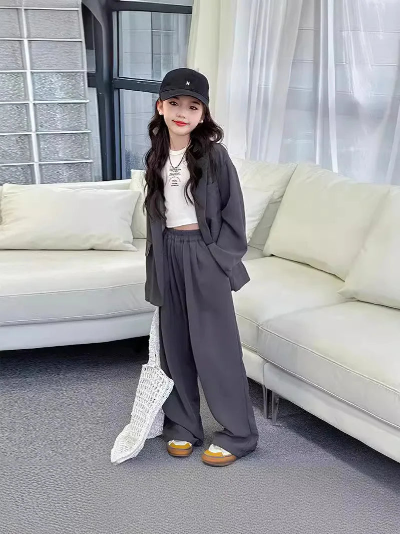 Spring Autumn Girls Blazer Suits Clothing Set Kids Jackets+Pants Fashion Loose Teenage Casual Outfits 4-14 child Casual Costumes