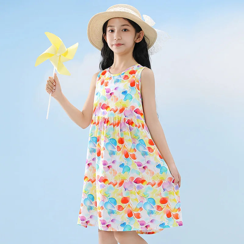 Summer Sleeveless Teen Girls Beach Dresses Children's Clothing Vestido para niña de 8 a 10 años Princess Rainbow Flower Dresses