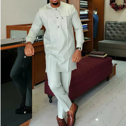 African traditional dress men's suit Long sleeve ethnic style printed patchwork shirt casual pants 2 piece holiday casual suit