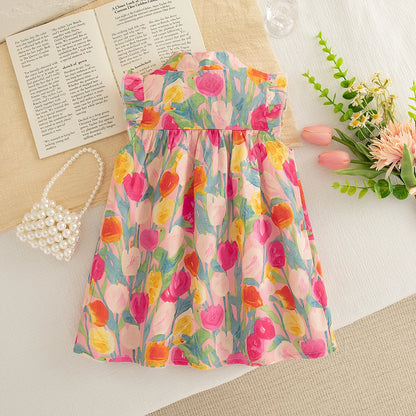 Baby Girl Dress, Summer New Sweet Flower Ruffled Sleeve Children'S Sleeveless Clothes Suitable For 0-3 Years Old