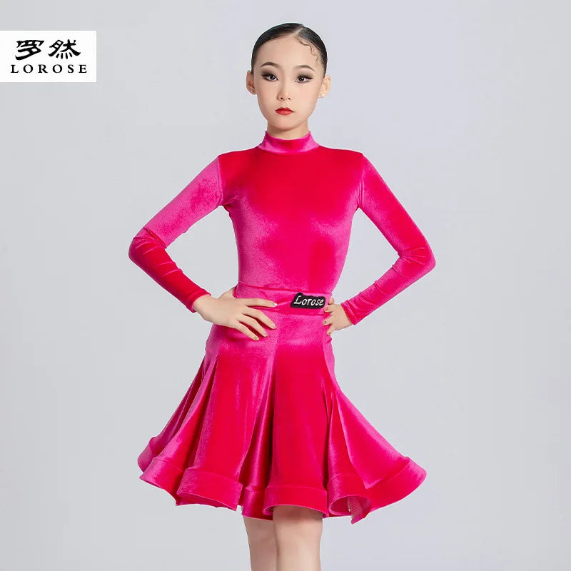 Girls' Latin Dance Dress Autumn/Winter Long Sleeve Professional Practice Dress Velvet Split Set Dance Performance Dress