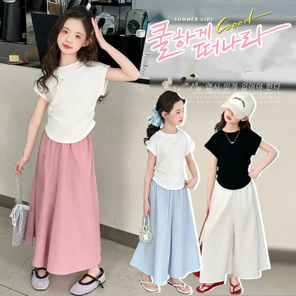 Girls New Suit Children Top Set Summer Short Sleeved T-shirt Pants 2PCS Kid Solid Color Outfits Teen Casual Loose Clothes