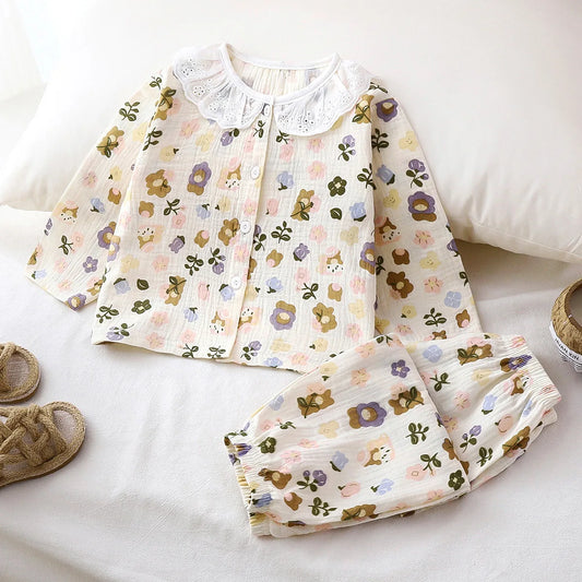 Girls Summer Thin Pajamas Homewear Cute Cartoon Floral Print Long Sleeve Lace Trimmed Sleepwear Baby Boys Casual Clothing Sets