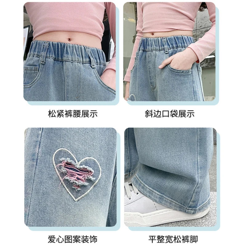 Teen Girls Denim Pants Spring Autumn New Heart Print Hole Wide Leg Pants For 5 6 8 10 12 14 Years Girls Stylish Trousers