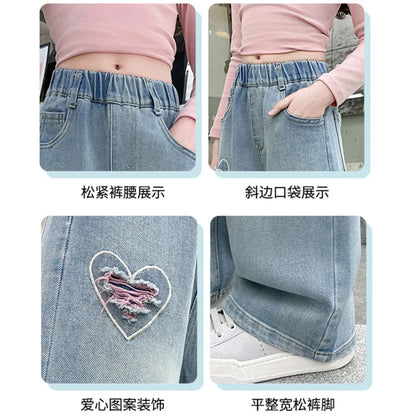 Teen Girls Denim Pants Spring Autumn New Heart Print Hole Wide Leg Pants For 5 6 8 10 12 14 Years Girls Stylish Trousers