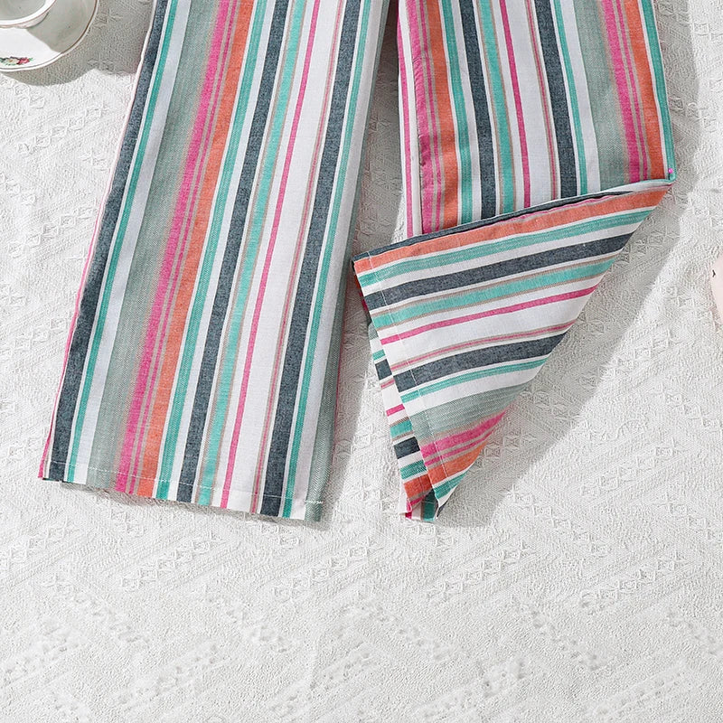 Girls 8-12 fashion jumpsuit, striped shirt-style romper with wide legs, lightweight and stylish for school and outdoor wear