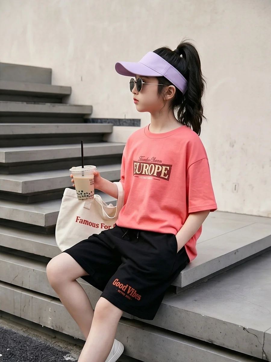 Teen Girls Clothing Set Summer Cotton Short Sleeve Top Shorts 2PCS Casual Europe Graphic Tee Distressed Print Clothes Set EU1