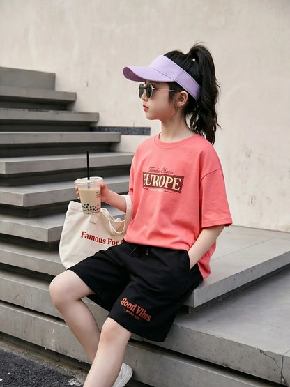 Teen Girls Clothing Set Summer Cotton Short Sleeve Top Shorts 2PCS Casual Europe Graphic Tee Distressed Print Clothes Set EU1