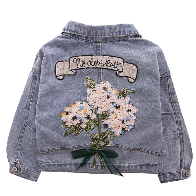 2025 Spring Autumn Girls Lovely Comfortable Retro Flowers Jeans Coats Children Personality Fashion Turn-down Collar Denim Jacket