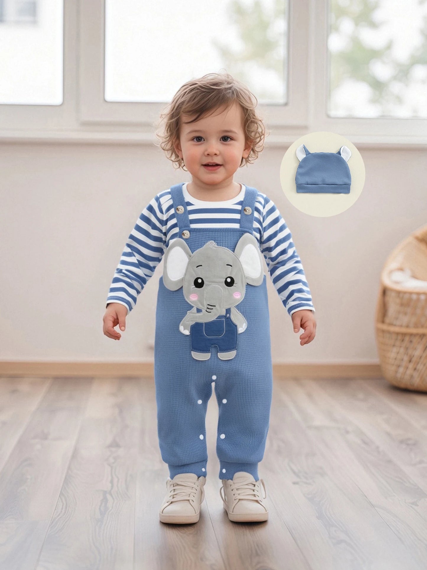 Infant Newborn Baby Boys 3Pcs Outfit Cute Baby Clothes Long Sleeve Striped Romper Animal Embroidery Overalls Hat