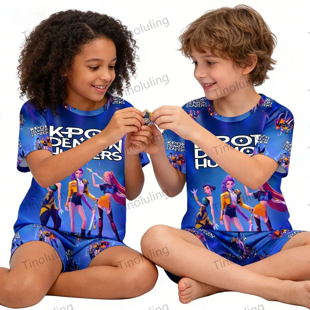 Girls Pajamas Sets Kids Toddler 3 to 8 10 11 12 Years Kpop Demon Hunters Summer Pjs Tops+Shorts Two Pieces Pijamas Sleepwear Set